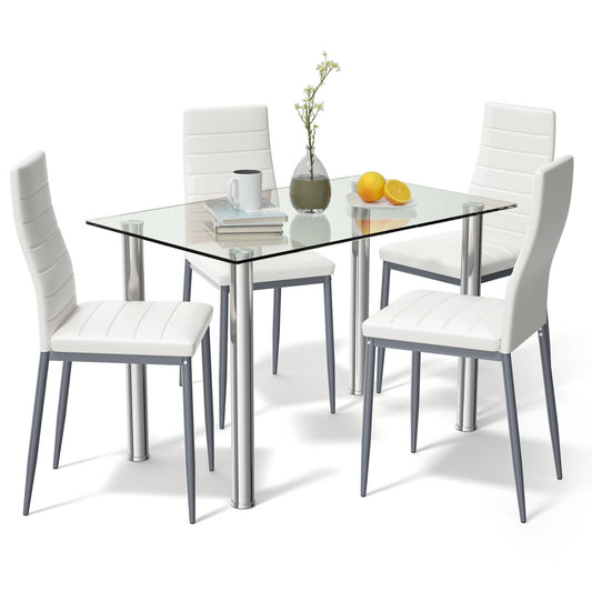 Modern 5 Piece Dining Set with Tempered Glass Table and 4 PU Leather Upholstered Chairs