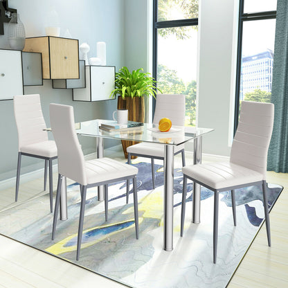 Modern 5 Piece Dining Set with Tempered Glass Table and 4 PU Leather Upholstered Chairs