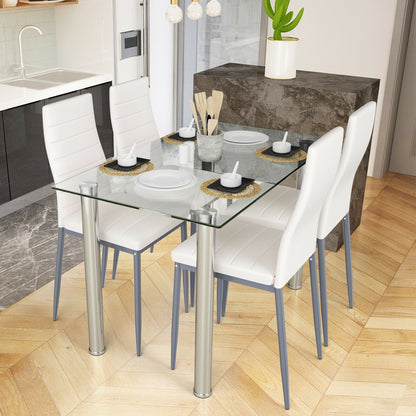 Modern 5 Piece Dining Set with Tempered Glass Table and 4 PU Leather Upholstered Chairs