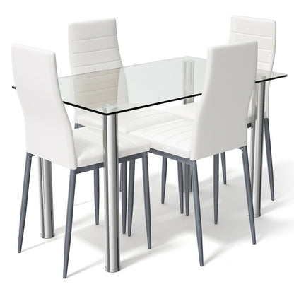 Modern 5 Piece Dining Set with Tempered Glass Table and 4 PU Leather Upholstered Chairs