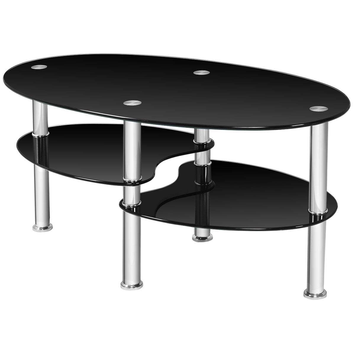 Oval Tempered Glass Coffee Table with Double Storage Shelves and Metal Frame - Black