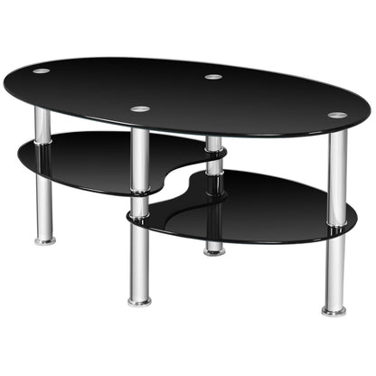 Oval Tempered Glass Coffee Table with Double Storage Shelves and Metal Frame - Black