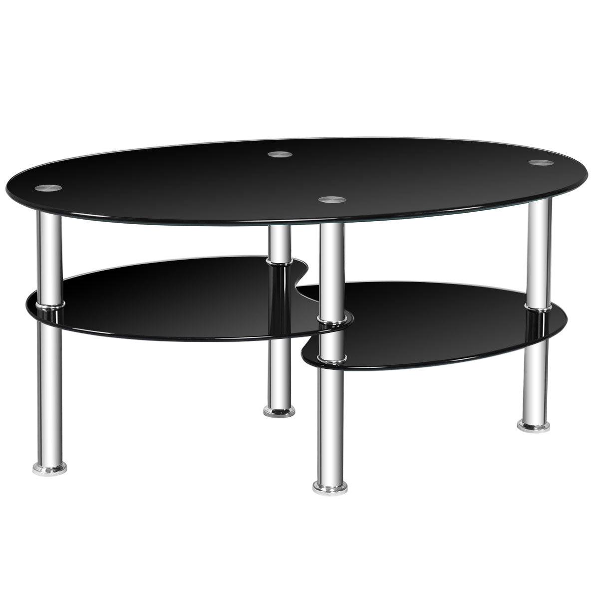 Oval Tempered Glass Coffee Table with Double Storage Shelves and Metal Frame - Black
