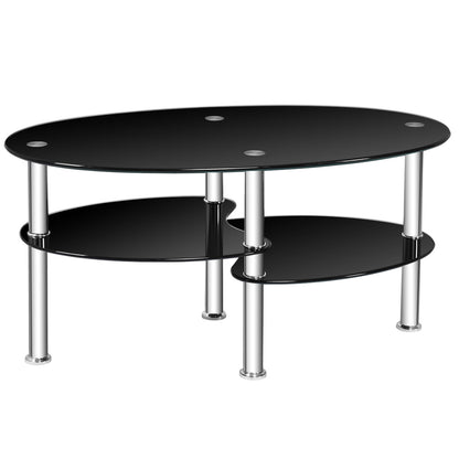 Oval Tempered Glass Coffee Table with Double Storage Shelves and Metal Frame - Black