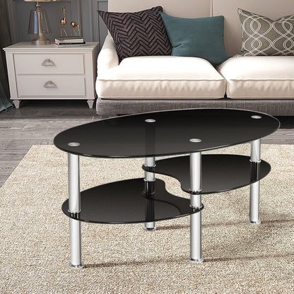 Oval Tempered Glass Coffee Table with Double Storage Shelves and Metal Frame - Black