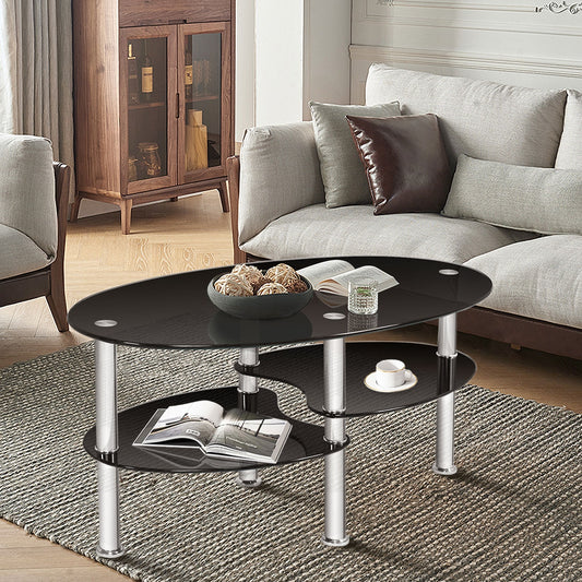 Oval Tempered Glass Coffee Table with Double Storage Shelves and Metal Frame - Black