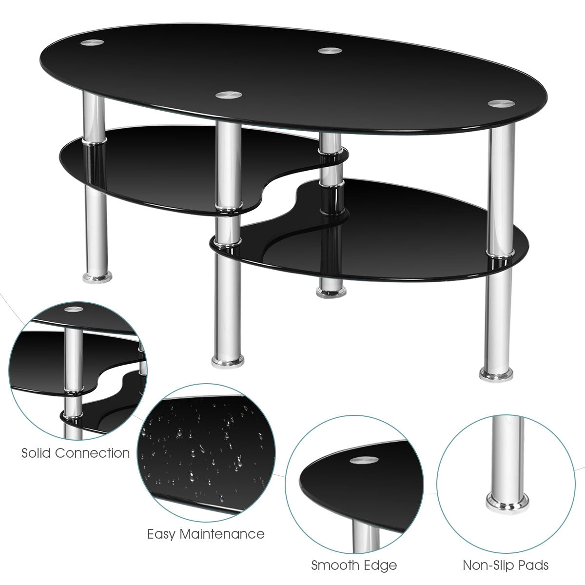 Oval Tempered Glass Coffee Table with Double Storage Shelves and Metal Frame - Black