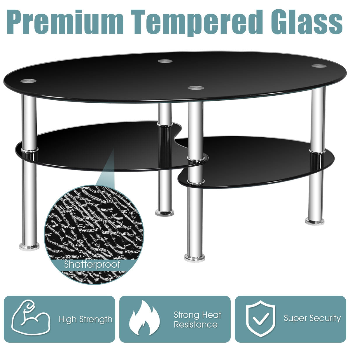 Oval Tempered Glass Coffee Table with Double Storage Shelves and Metal Frame - Black