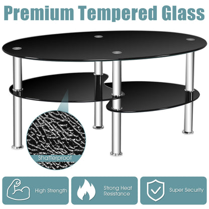 Oval Tempered Glass Coffee Table with Double Storage Shelves and Metal Frame - Black