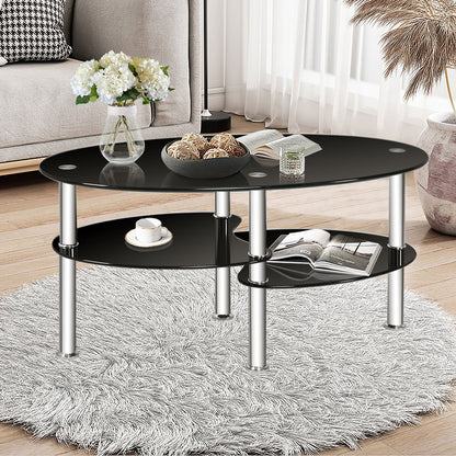 Oval Tempered Glass Coffee Table with Double Storage Shelves and Metal Frame - Black