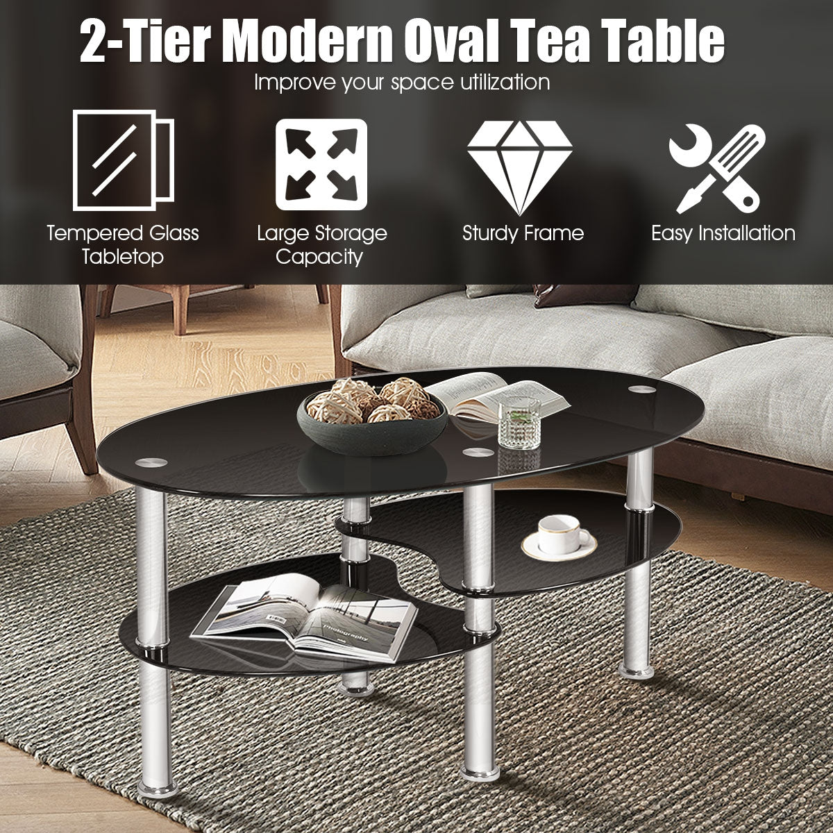 Oval Tempered Glass Coffee Table with Double Storage Shelves and Metal Frame - Black