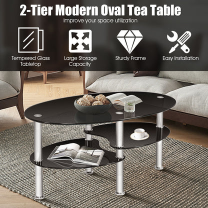 Oval Tempered Glass Coffee Table with Double Storage Shelves and Metal Frame - Black