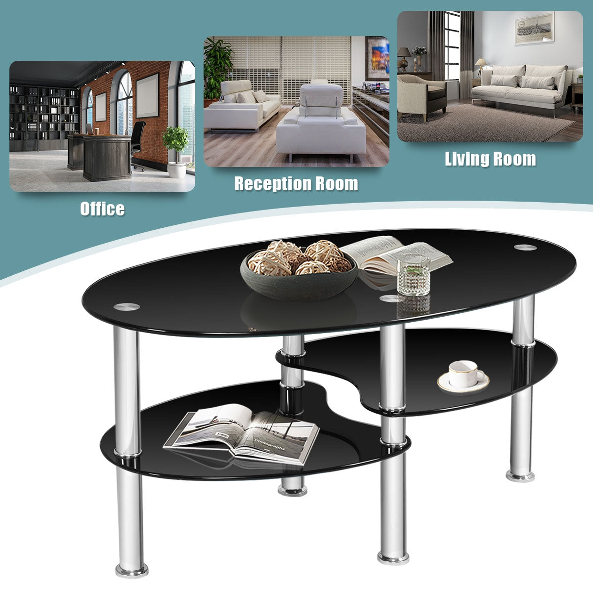 Oval Tempered Glass Coffee Table with Double Storage Shelves and Metal Frame - Black