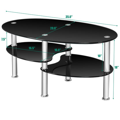 Oval Tempered Glass Coffee Table with Double Storage Shelves and Metal Frame - Black