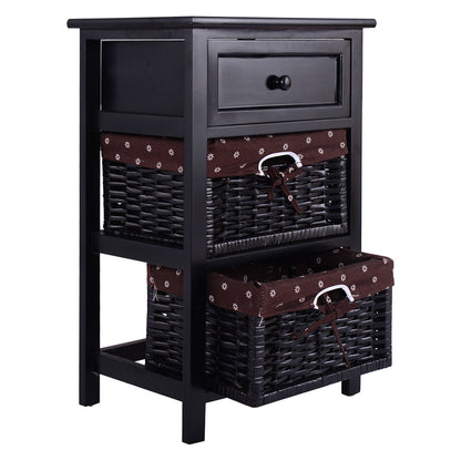 Wooden Storage Nightstand with 1 Drawer and 2 Baskets, Compact Bedside Table – Black