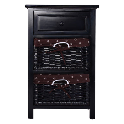 Wooden Storage Nightstand with 1 Drawer and 2 Baskets, Compact Bedside Table – Black