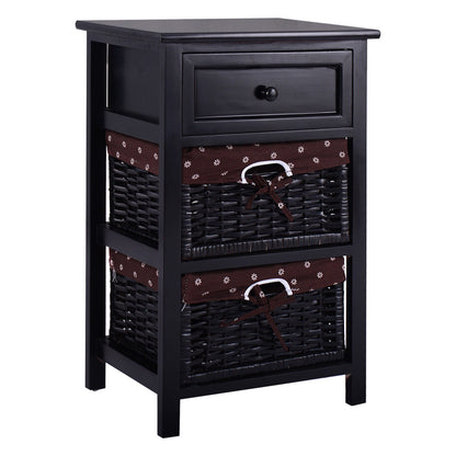 Wooden Storage Nightstand with 1 Drawer and 2 Baskets, Compact Bedside Table – Black