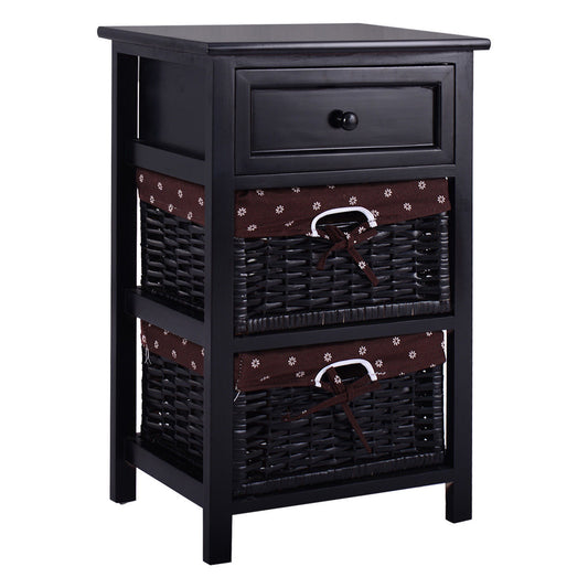 Wooden Storage Nightstand with 1 Drawer and 2 Baskets, Compact Bedside Table – Black