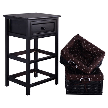 Wooden Storage Nightstand with 1 Drawer and 2 Baskets, Compact Bedside Table – Black