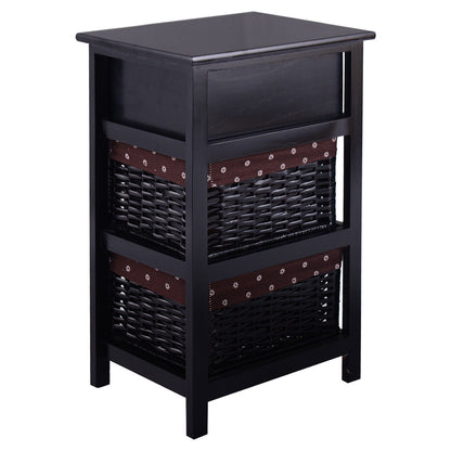 Wooden Storage Nightstand with 1 Drawer and 2 Baskets, Compact Bedside Table – Black