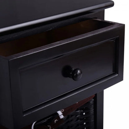 Wooden Storage Nightstand with 1 Drawer and 2 Baskets, Compact Bedside Table – Black