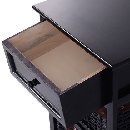 Wooden Storage Nightstand with 1 Drawer and 2 Baskets, Compact Bedside Table – Black