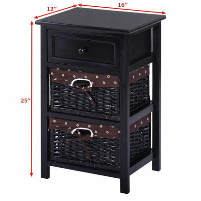 Wooden Storage Nightstand with 1 Drawer and 2 Baskets, Compact Bedside Table – Black
