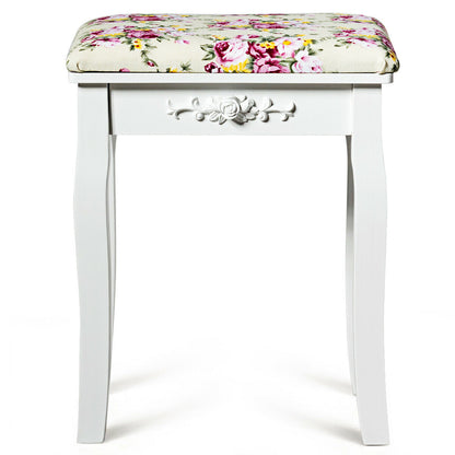White Vanity Bench with Curved Legs and Decorative Rose Pattern Cushion