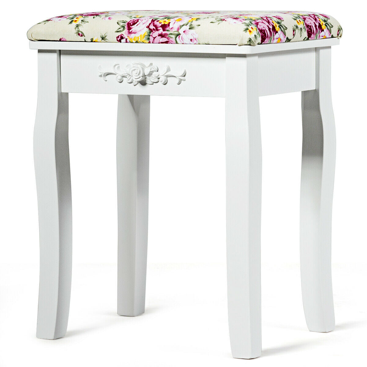 White Vanity Bench with Curved Legs and Decorative Rose Pattern Cushion