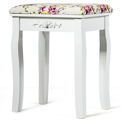 White Vanity Bench with Curved Legs and Decorative Rose Pattern Cushion