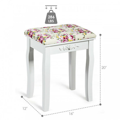 White Vanity Bench with Curved Legs and Decorative Rose Pattern Cushion