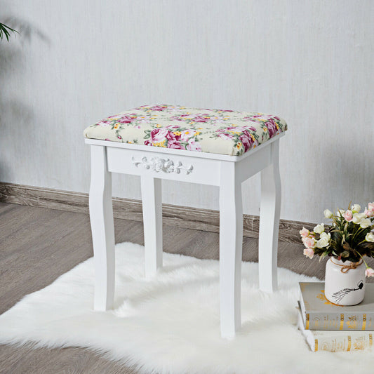 White Vanity Bench with Curved Legs and Decorative Rose Pattern Cushion