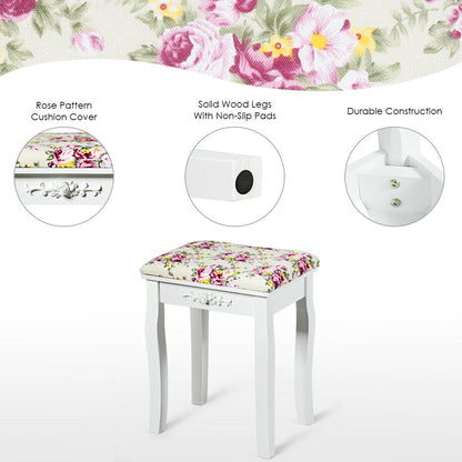 White Vanity Bench with Curved Legs and Decorative Rose Pattern Cushion