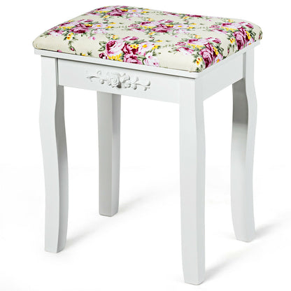 White Vanity Bench with Curved Legs and Decorative Rose Pattern Cushion