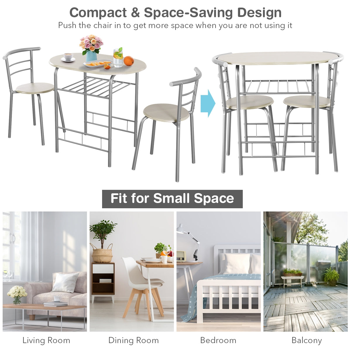 Modern 3 Piece Dining Set with Wine Rack and Two Chairs for Small Kitchen or Apartment - Light Grey