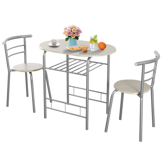 Modern 3 Piece Dining Set with Wine Rack and Two Chairs for Small Kitchen or Apartment - Light Grey
