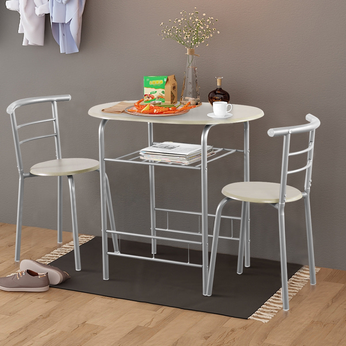 Modern 3 Piece Dining Set with Wine Rack and Two Chairs for Small Kitchen or Apartment - Light Grey