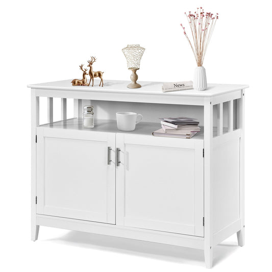 Modern Wooden Kitchen Storage Cabinet with Double Doors and Open Shelf - White