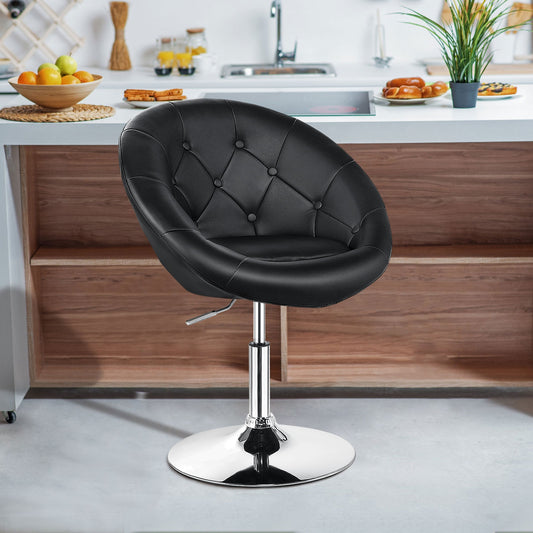 Adjustable Swivel Bar Stool with Round Tufted Back and Chrome Base – Black