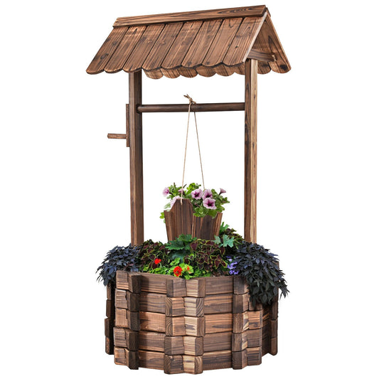 Rustic Outdoor Wooden Wishing Well Planter with Adjustable Hanging Bucket