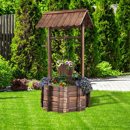 Rustic Outdoor Wooden Wishing Well Planter with Adjustable Hanging Bucket