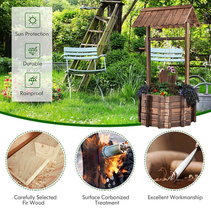Rustic Outdoor Wooden Wishing Well Planter with Adjustable Hanging Bucket