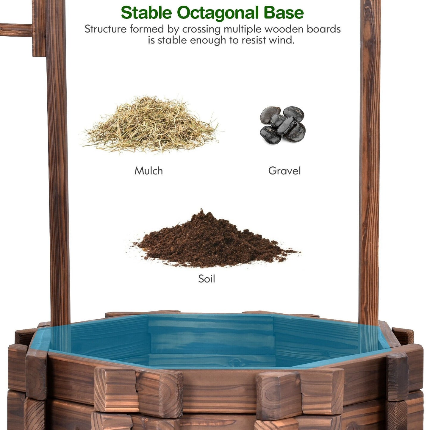 Rustic Outdoor Wooden Wishing Well Planter with Adjustable Hanging Bucket