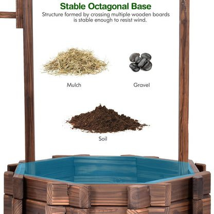 Rustic Outdoor Wooden Wishing Well Planter with Adjustable Hanging Bucket