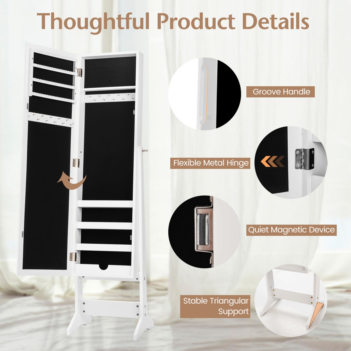 Freestanding Jewelry Cabinet Armoire with Full-Length Mirror and Storage Organizer for Accessories – White