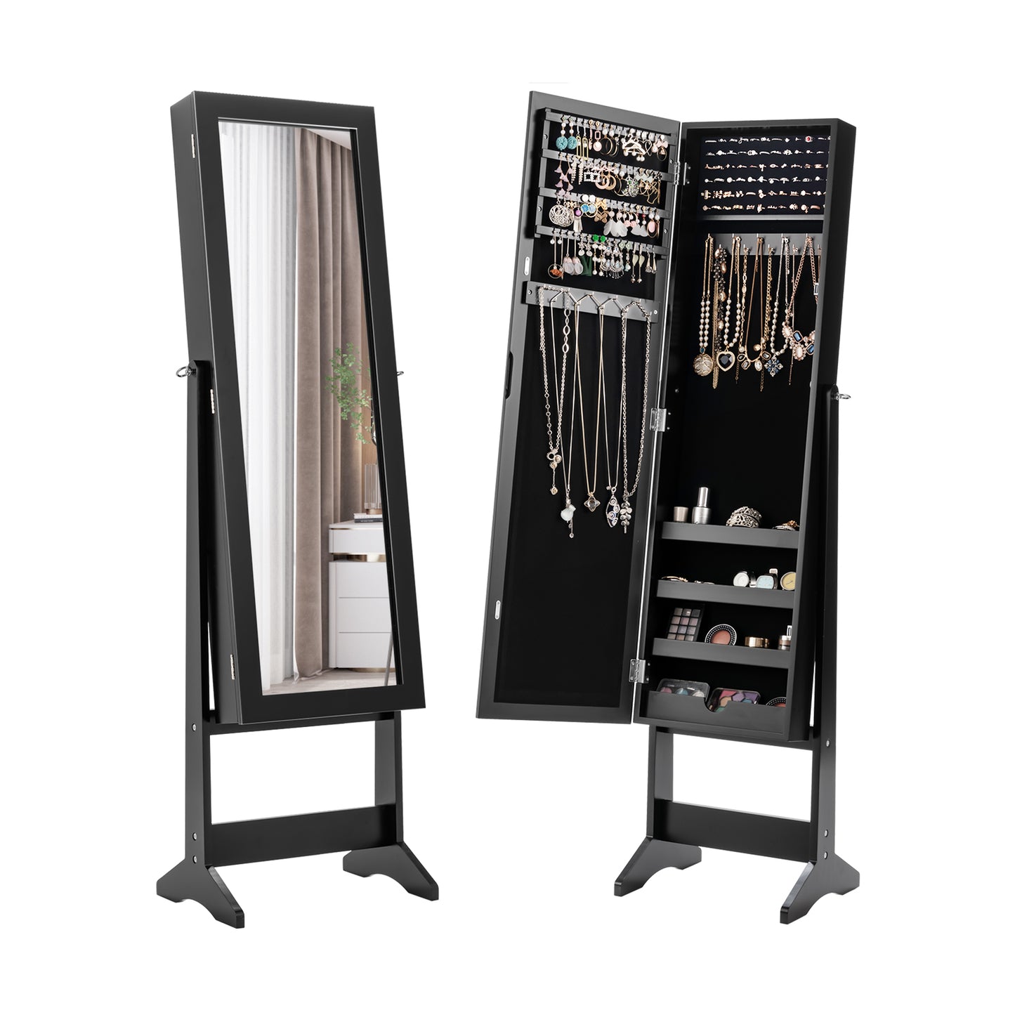 Freestanding Jewelry Cabinet Armoire with Full-Length Mirror and Storage Organizer for Accessories – Black