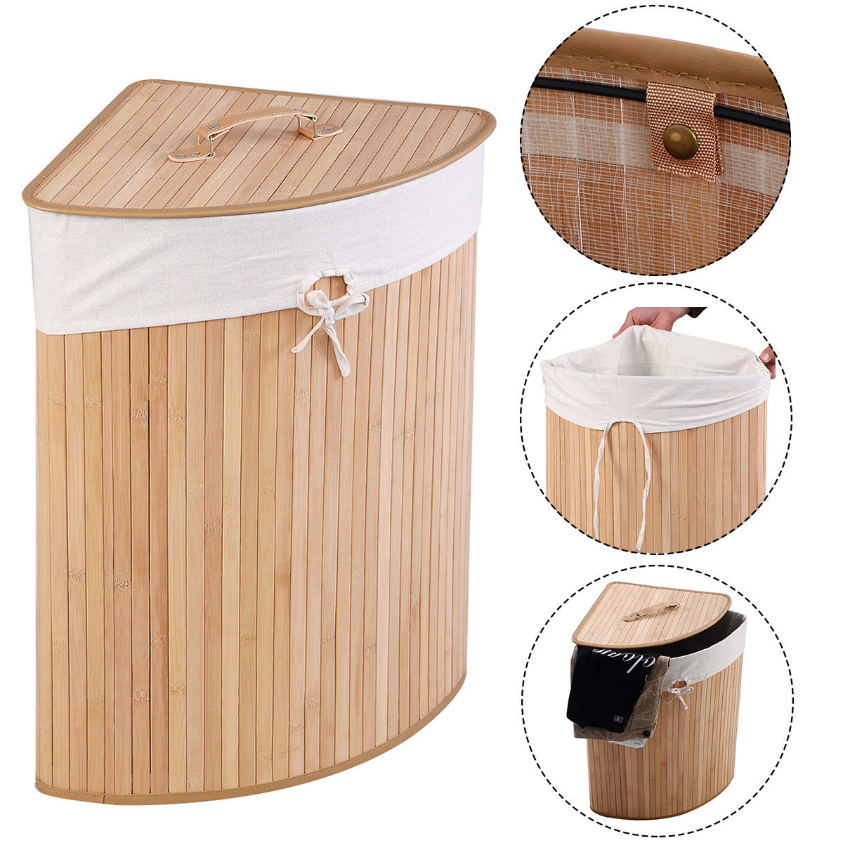 Corner Space Bamboo Laundry Basket with PU Leather Handles