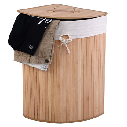 Corner Space Bamboo Laundry Basket with PU Leather Handles