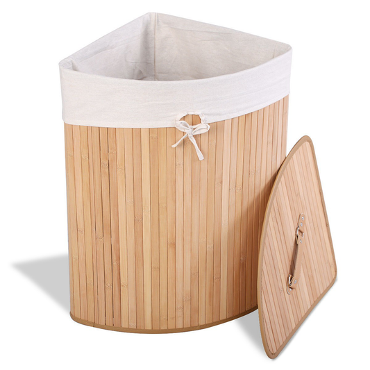 Corner Space Bamboo Laundry Basket with PU Leather Handles