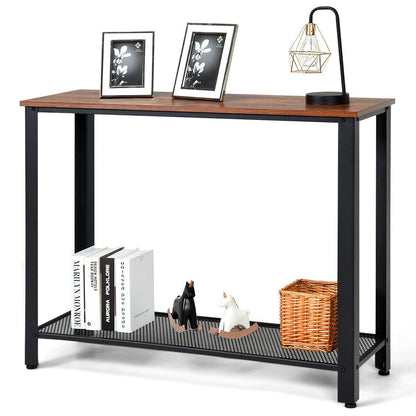 Wood Console Sofa Table with Metal Frame and Storage Shelf - Black